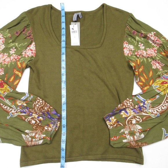 Anthropologie Bl-nk Printed-Sleeve Sweater Top Green Motif - Medium - Picture 8 of 10